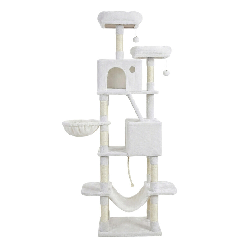 JOYFURNOS Krabpaal 206 cm met 13 krabstammen, 2 platforms, 2 huisjes, mand, hangmat, pompon, pluche stof, crèmewit