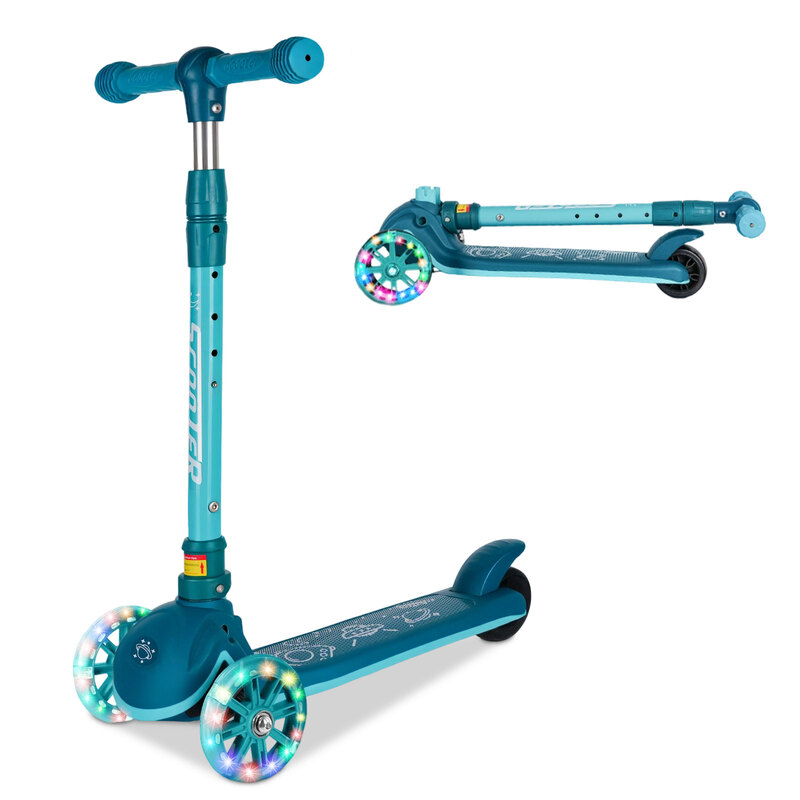 Kids Kick Scooter, LED Lighted Wheels and 4 Adjustable Height Handlebars, Lean-to-Steer & Widen Anti-Slip Deck, 3 Wheel Scooter for Boys & Girls Ages 2-10 and up to 150 Lbs