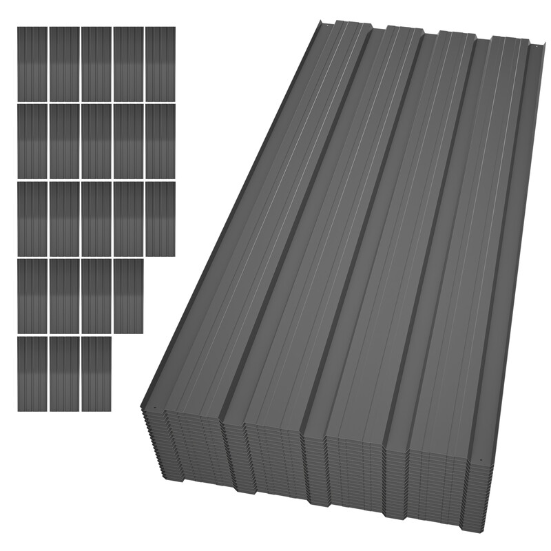 22-delige trapeziumvormige metalen plaatenset, geprofileerde dakpanelen met een oppervlakte van 10,12 m², 0,25 mm gegalvaniseerde stalen platen met voorgeboorde gaten. Elk paneel meet 108 × 43 cm, compleet met montageschroeven. Geschikt voor tuinhuisjes,