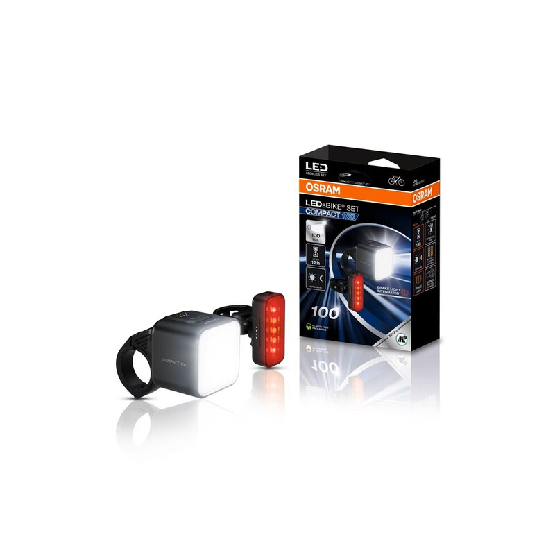 OSRAM COMPACT 100 Set - Oplaadbare fietsverlichtingsset - Voor- en achterlicht met remlicht, StVZO-goedgekeurd, compatibel met Garmin-fietsbevestiging, 100 lumen