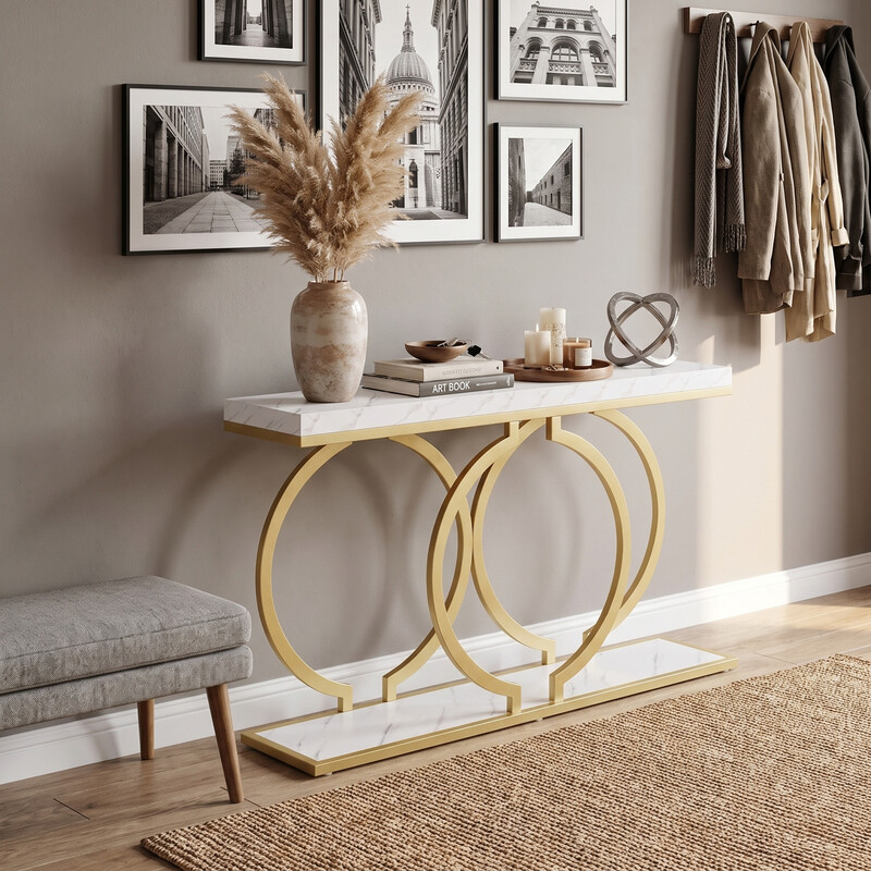 Konsolentisch, 140 cm, Schmal, Für Eingangsbereich oder Sofa, Geometrischer Metallrahmen