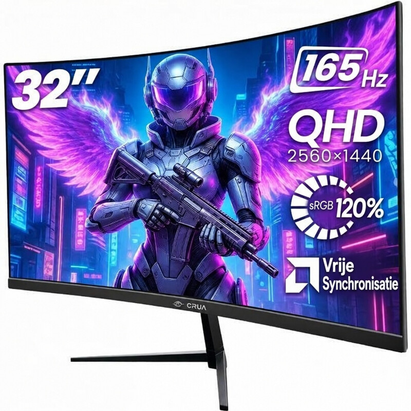 CRUA 32 inch frameloze 1500R curved gaming monitor | 2K QHD (2560×1440) 165 Hz, Adaptive Sync, 100% sRGB kleurengamma, 178° brede kijkhoek, HDMI/DisplayPort, VESA 100×100 mm montage (Zwart)
