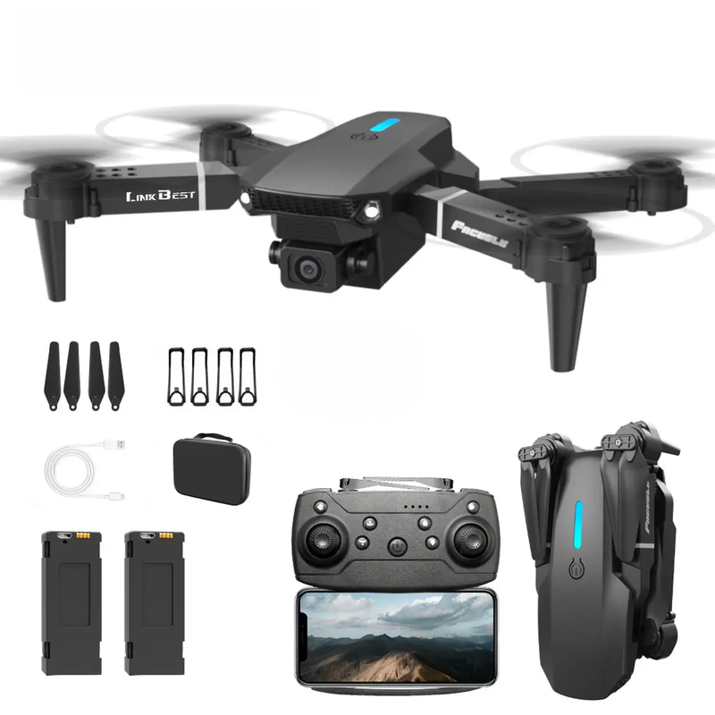 Facegle E88 speelgoeddrone, HD dubbele camera, optische flow hover, 360° stuntrol, met beschermende frame, draagbaar en opvouwbaar, oplaadbare batterij, bereik van 6-8 minuten, ideaal voor beginners, must-have cadeau voor nieuwelingen (FPV mini afstandsbe
