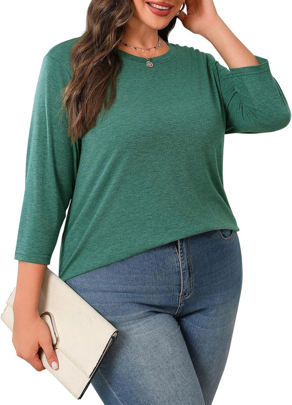 Plus Size Tops for Women 3/4 Sleeve Casual T Shirts Loose fit Tunic Blouse (Green， 5X