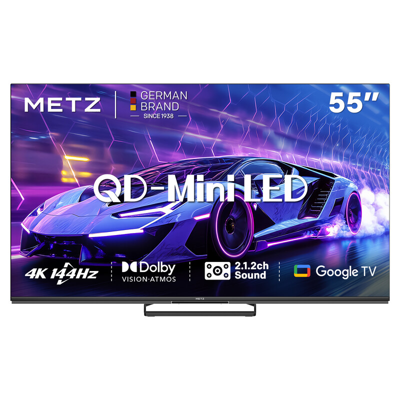 METZ 55 Inch (140 cm) QD-Mini LED Google TV, 55MNE8000Z, 144Hz, 4K HDR 10+, 2.1.2-kanaals Geluidssysteem, Dolby Vision Atmos, Game Mode, Sports Mode met ALLM, VRR, MEMC, Oogzorg, Laag Blauw Licht & Flikkervrij, Google Cast, Spraakbesturing