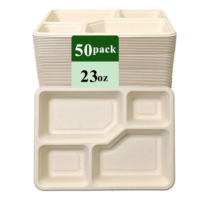Ruibamboo disposable bamboo fiber tray 23oz 4-comp 50pack