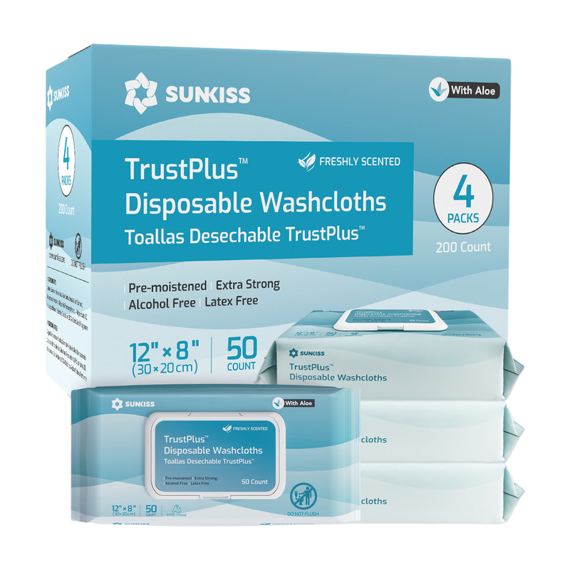 Sunkiss Trustplus Wet Wipes For Adult No Rinse, Extra Large 8”X12” Body Cleaning Washcloths For Elderly Incontinence & Cleansing, Fresh Scented, 200 Count (4 Packs Of 50)