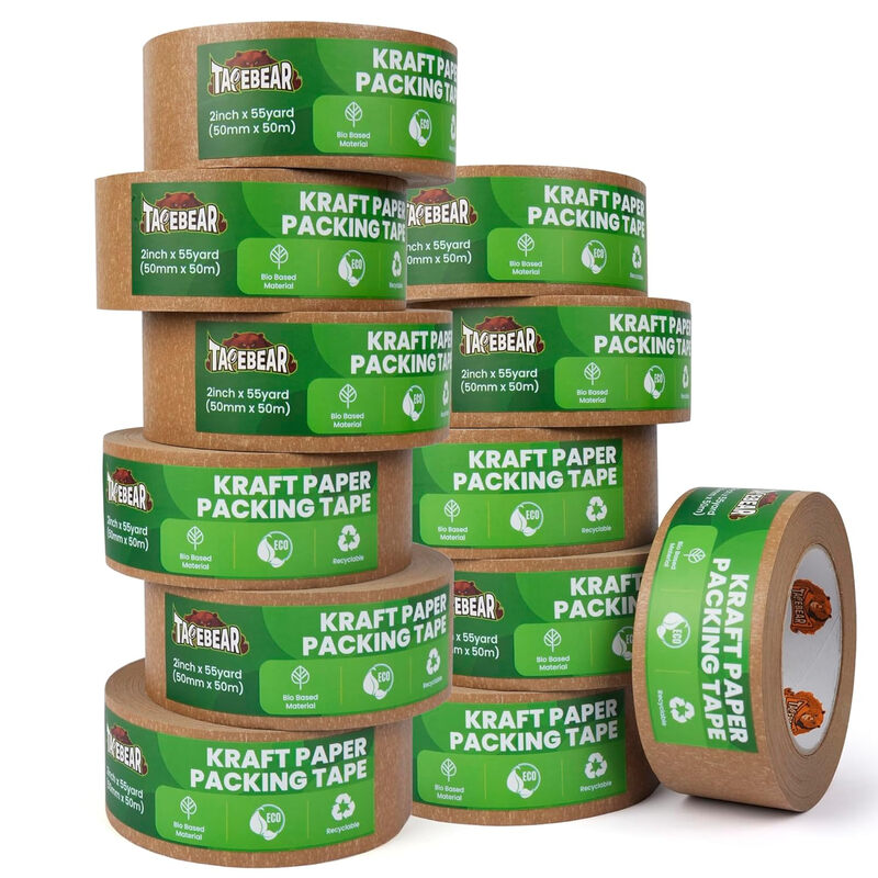 TAPEBEAR umweltfreundliches Kraftpapierband, biologisch abbaubares, starkes Verpackungsband 2 Zoll x 55 Yard, recycelbare Verpackung, selbstklebendes Kartonband für den Versand, das Verschließen, den Umzug und das Maskieren, 12 Rollen