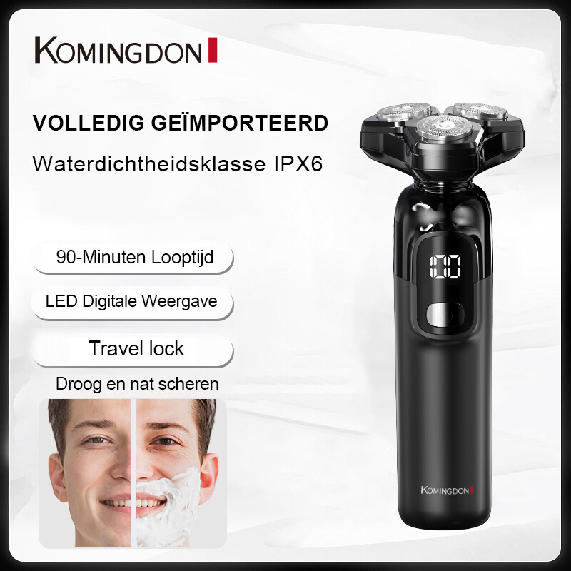 Komingdon scheerapparaat met magnetisch scheeroppervlak, scheerapparaat met digitaal display, accu met lange gebruiksduur, roterend scheerapparaat met drie koppen, dubbelring-scheernet, reisvergrendeling, baardtrimmer voor heren
