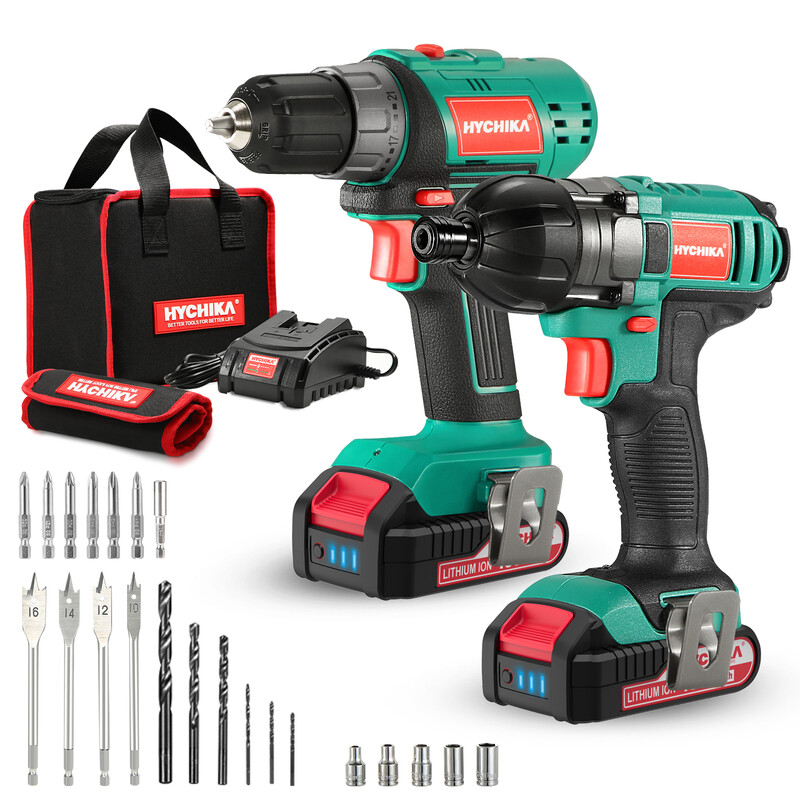 HYCHIKA Cordless Drill Driver 18V, Electric Screwdriver 35 N.m, Impact Driver 160 N.m, Combi Drill, 21+1 Torque Set, 2-Speed, LED Light, 2 x 2.0AH Battery, Charger for Home and Garden DIY