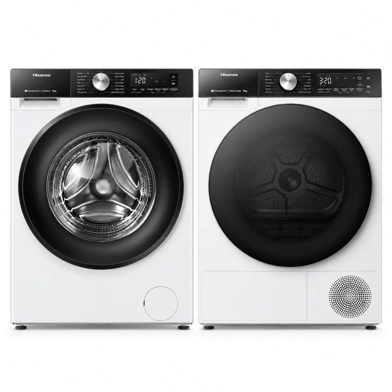 Hisense 9 kg stoomwasmachine & 9 kg warmtepompdroger bundel – 1400 RPM, ConnectLife Wi-Fi bediening – WF3S9043BW3 + DH5S902BW – wit
