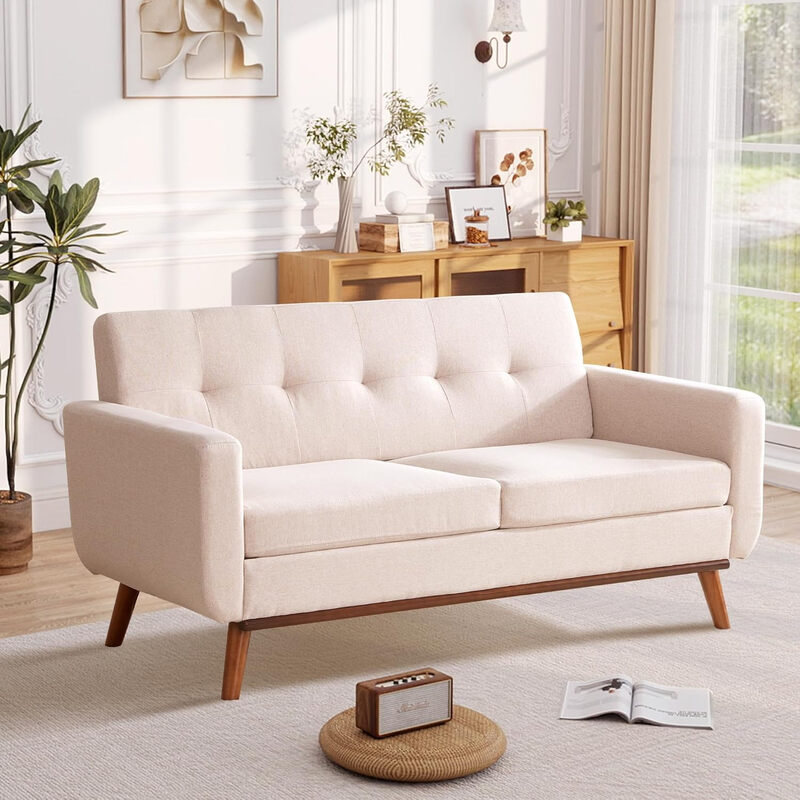 HONEYOU 165 cm Zweisitzer-Sofa, Mid-Century Modern-Stil, mit Nieten und Steppung, Robust, einfache Montage, für Schlafzimmer, Büro & Wohnung, haferfarben