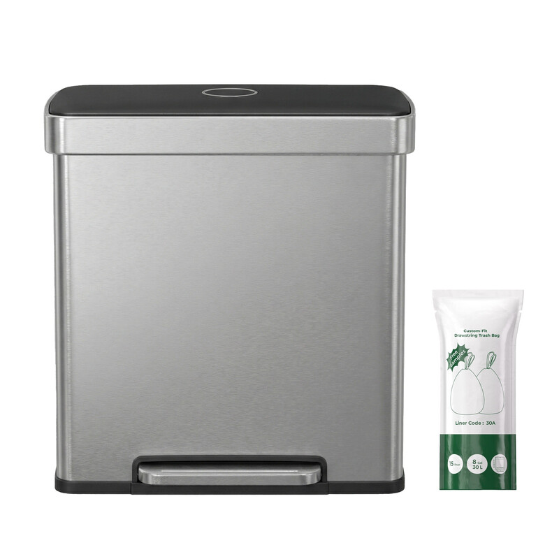 Ochama Dual Compartment Pedal Rubbish Bin, 2 X 30L Kitchen Recycling Bin With Soft Close Lid, For Home, Stainless Steel, Silver