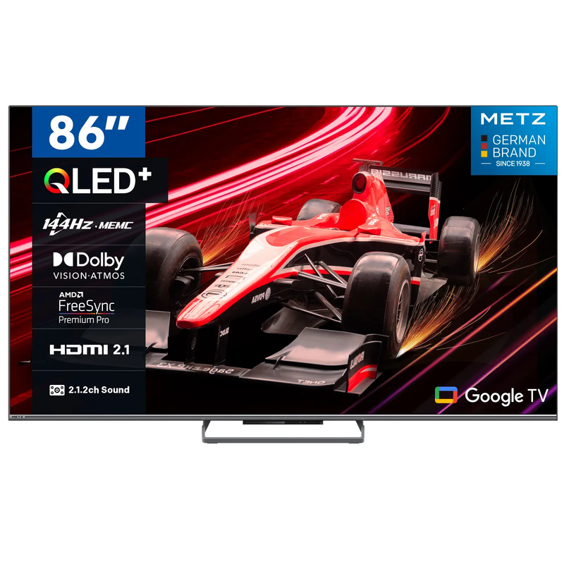 METZ 86 inch QLED Google TV, 86MQE8000Z, 144 Hz, 4K HDR10+, Dolby Vision Atmos, 2.1.2 geluidssysteem met geïntegreerde subwoofer, HDMI 2.1, Freesync Premium, MEMC, Eyecare, Low Blue Light en flikkervrij