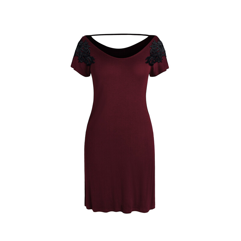 round-neck wine red short sleeved nightgown S
