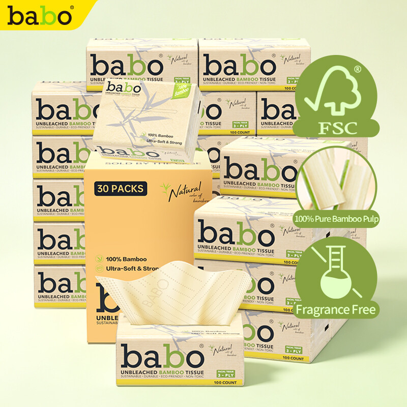 BABO Trekzakdoeken onbleekte bamboevezel EU-norm, 3 lagen 133×200mm 100 vellen/zak, 30 zakken/doos, dubbele kwaliteitscertificatie, BABO Ziehtücher aus ungebleichter Bambusfaser nach EU-Norm, 3 Lagen 133×200mm 100 Blatt/Pack, 30 Pack/Karton, doppelte Qual