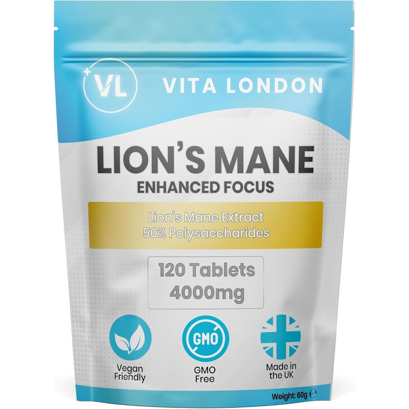 VL Vita London Lion's Mane Mushroom Cognitive Support Supplement, 4000mg for Brain Focus, 120 Vegan Tablets