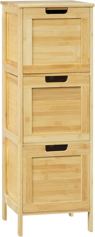 EUGAD Badezimmerschrank schmal, Badschrank mit 3 abnehmbaren Schubladen, Aufbewahrungsschrank stehend, Eckschrank Mehrzweckschrank, aus Bambus, Naturfarbe, 30 × 90 × 30 cm