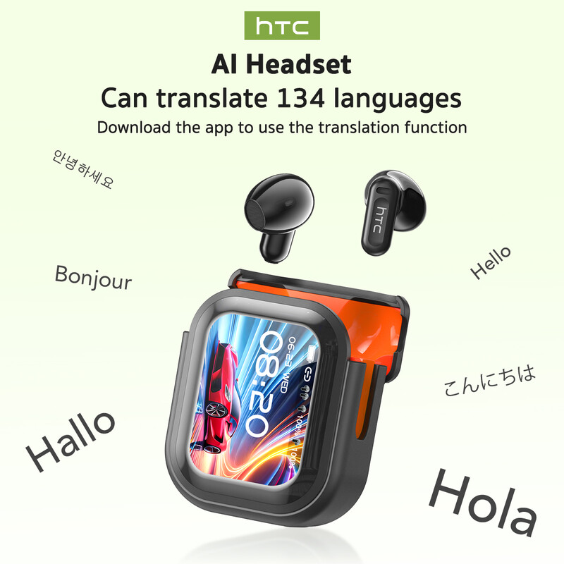 HTC NE20 Écouteurs de traduction sans fil Bluetooth 6.0 avec écran tactile LED, écouteurs sans fil étanches haute fidélité, écouteurs à commande tactile TWS, microphone intégré, 8 modes de traduction, prise en charge de 135 langues, écouteurs de traduction AI, adaptés pour le bureau, le sport, les études, les voyages, la musique et les appels audio.