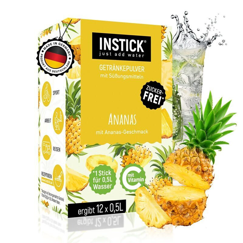 INSTICK Zuckerfreies Instant-Getränk (Ananas) - 1 Packung für 12 x 0,5-1 L - Veganes Getränkepulver Kalorienarm & Vitamin C - Instant-Pulver