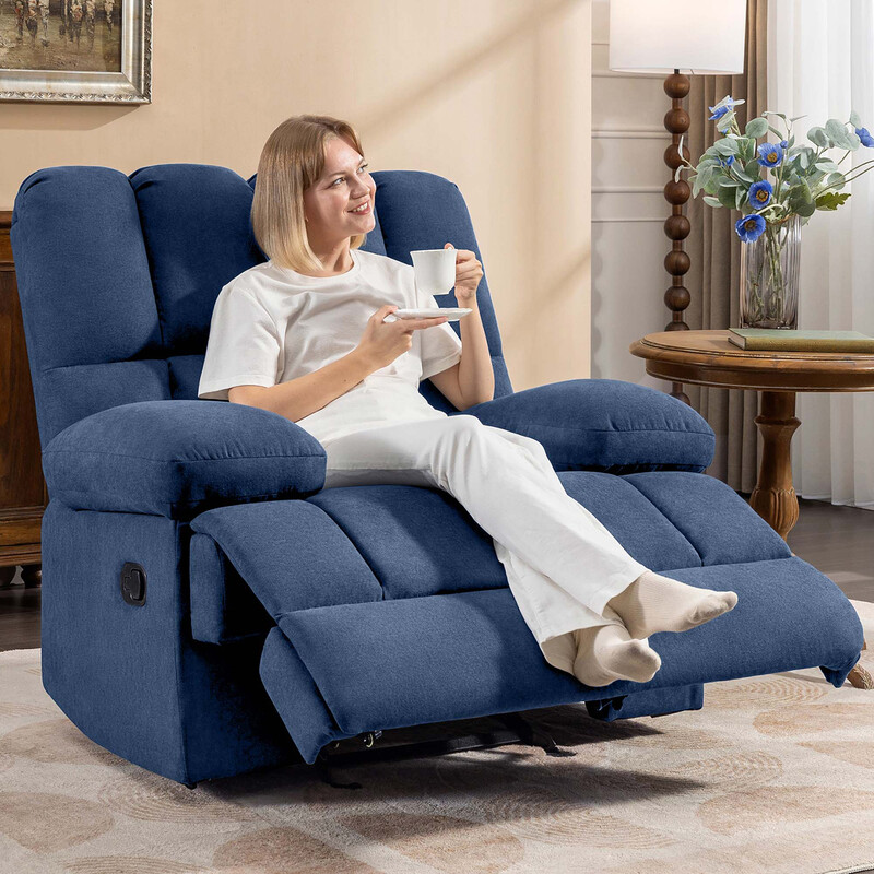 HONEYOU Oversized Rocker Recliner Stuhl, Überpolsterter extra breiter Schaukel-Liegestuhl, Weicher Big Man manueller Liegestuhl, Extra großer Wohnzimmerstuhl bis zu 350 lbs, Blau