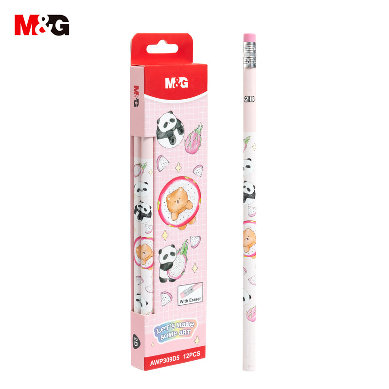 Wood Pencil 12pcs, 2B Triangular Wooden Pencil, Little Panda Graphite Pencil, Pink Bo