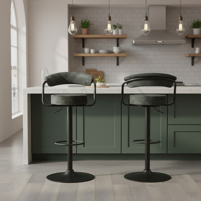 Bar Stools Hanna Fabric Adjustable Height Olive 2pcs