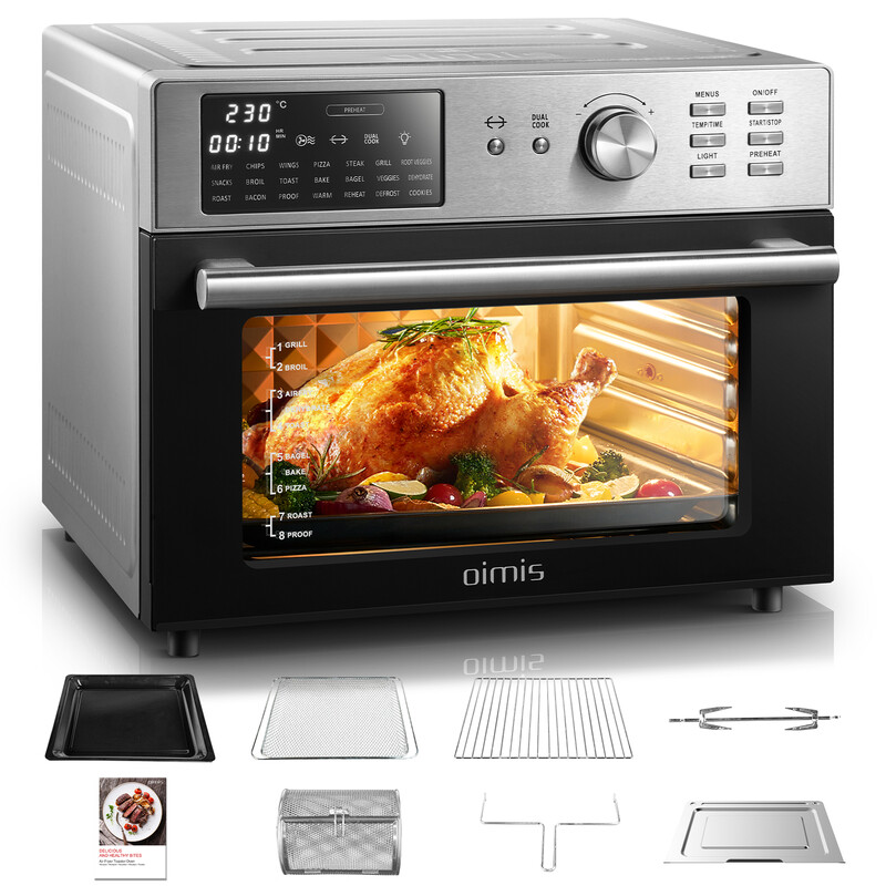 OIMIS Slimme RVS Airfryer-Oven met 21 voorinstellingen, 30 L Extra Grote Airfryer & Oven Combinatie met Grillspit en Voedseldroger, geschikt voor 13" pizza, 1800 W, Zilver