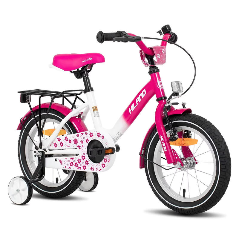Hiland Starry kinderfiets voor jongens en meisjes van 2-7 jaar met zijwieltjes, bel en achterdrager, roze, 16 inch