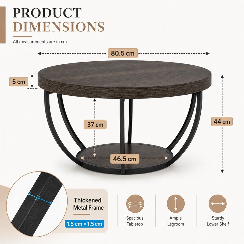 LANTINE Round Coffee Table, 80cm Wooden 2-Tier Circle Coffee Table with Storage Shelves, Modern Accent Cocktail Table Center Table for Living Room, Grey