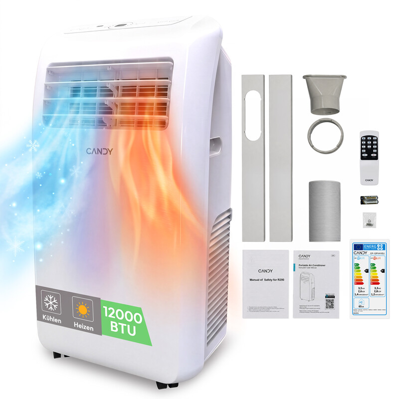 Candy Mobile Klimaanlage 12000 BTU (4-in-1) zum Heizen & Kühlen für Räume bis 35m², A+, mit Fenster-Set & Smart Steuerung