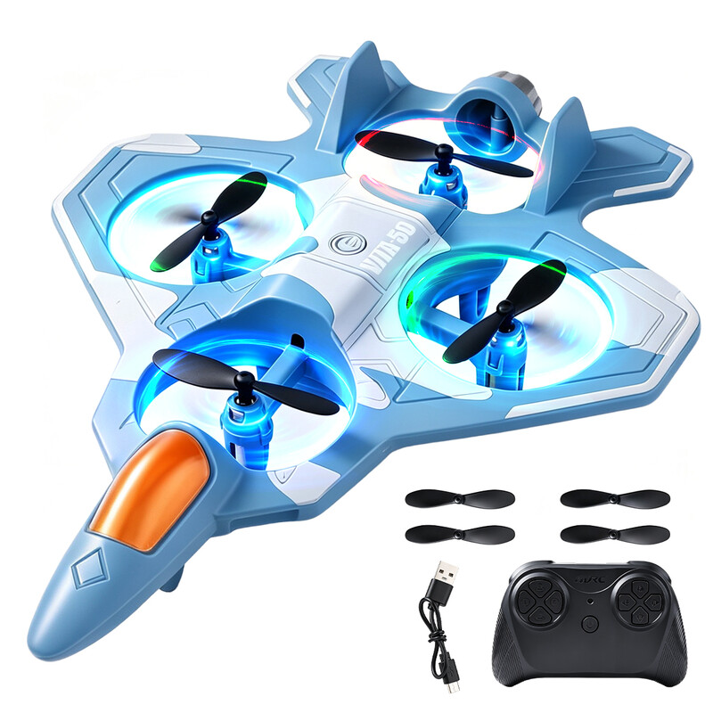 Kinder RC Kampfjet Drohne Spielzeug, 2,4 GHz Ferngesteuertes Flugzeug mit bunten LED-Lichtern, Ein-Klick-Start und -Landung, Höhenhaltung, Headless-Modus, 360°-Flip, Umflug, Wiederaufladbarer 3,7 V 500 mAh Akku, Indoor Outdoor Flugsch toy Geschenk für Jun