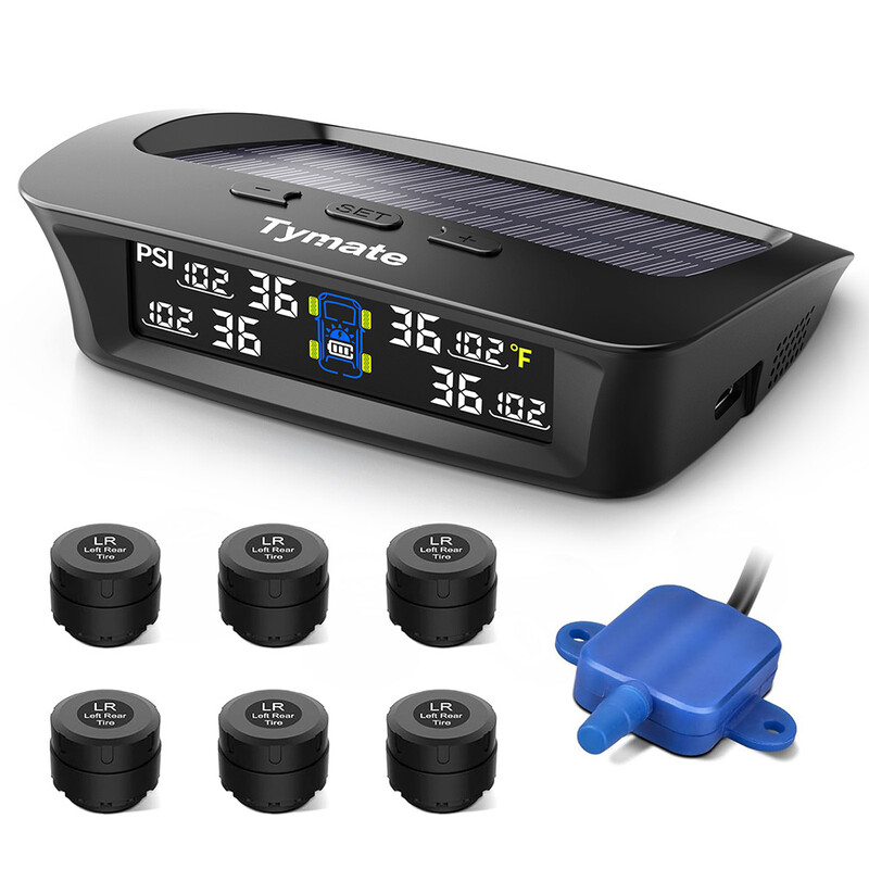Tymate bandenspanningscontrolesysteem voor campers, bandenspanningsmeter op zonne-energie, uitgerust met 6 sensoren, 6 alarmmodi, repeater, met LCD-kleurenscherm, 0-87PSI, geschikt voor campers/aanhangwagens/vrachtwagens, TM3C+6TS2+TR5
