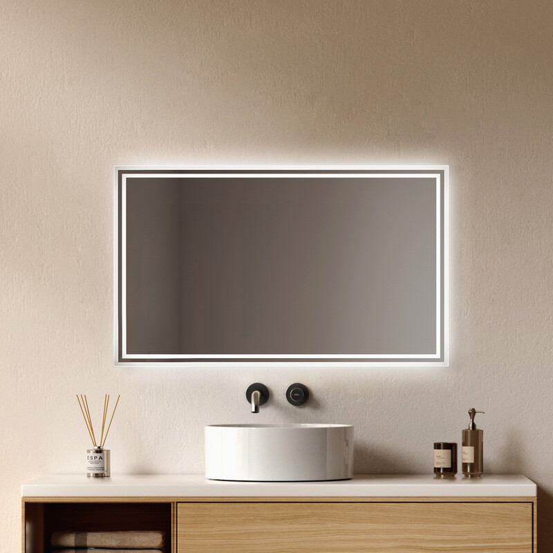 EMKE LED-Badezimmerspiegel mit Beleuchtung, 100 x 60 cm, Anti-Beschlag-Funktion, Badezimmerspiegel mit Druckschalter, Warmweißes und Kaltweißes Licht, IP44-Schutz, Moderner Wandspiegel
