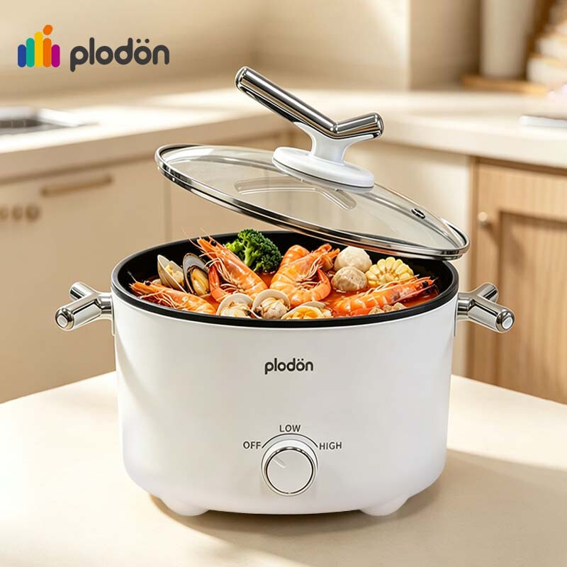 Plodon Verbeterde verdikte snelkook ramenkoker, 2,0 L 1000 W pan met antiaanbaklaag met dubbele vermogensstanden, Compact ruimtebesparende draagbare multifunctionele hotpot, Ideaal voor biefstuk, eieren, noedels, gebakken rijst, pap & soep, Perfect voor s