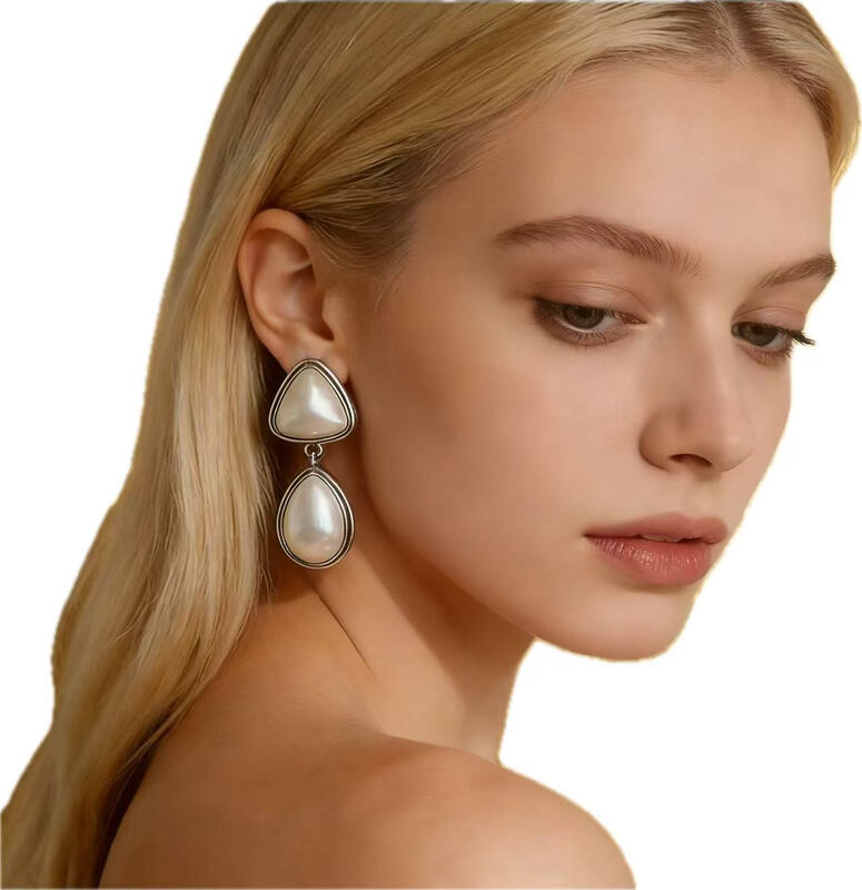 Silver Chanel-inspired French teardrop pearl pendant earrings, stud earrings, earring