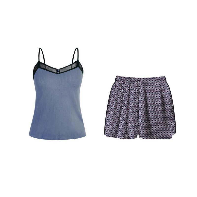 black narrow lace v-neck cobalt blue camisole and navy shorts set L