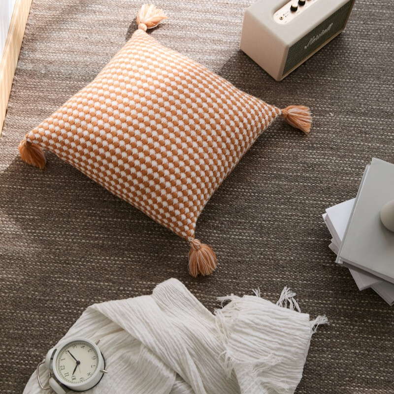 , Acrylic Knit/Waffle Cushion Cover, 50x50cm, orange/white, 1pack