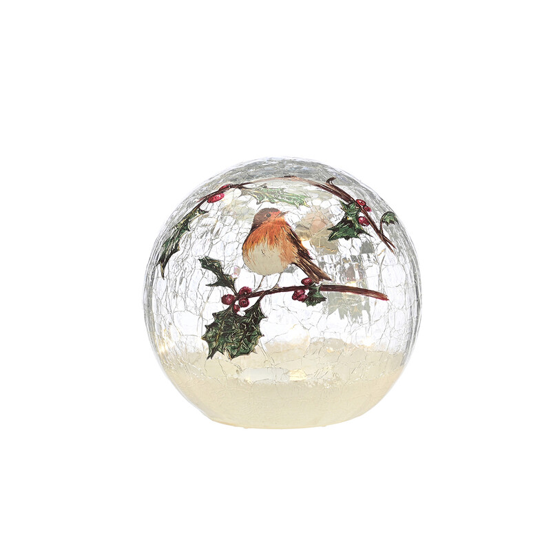 Festive Christmas Battery-Operated 15cm Lit Crackle-Effect Robin Ball Ornament for Holiday Tree Decor