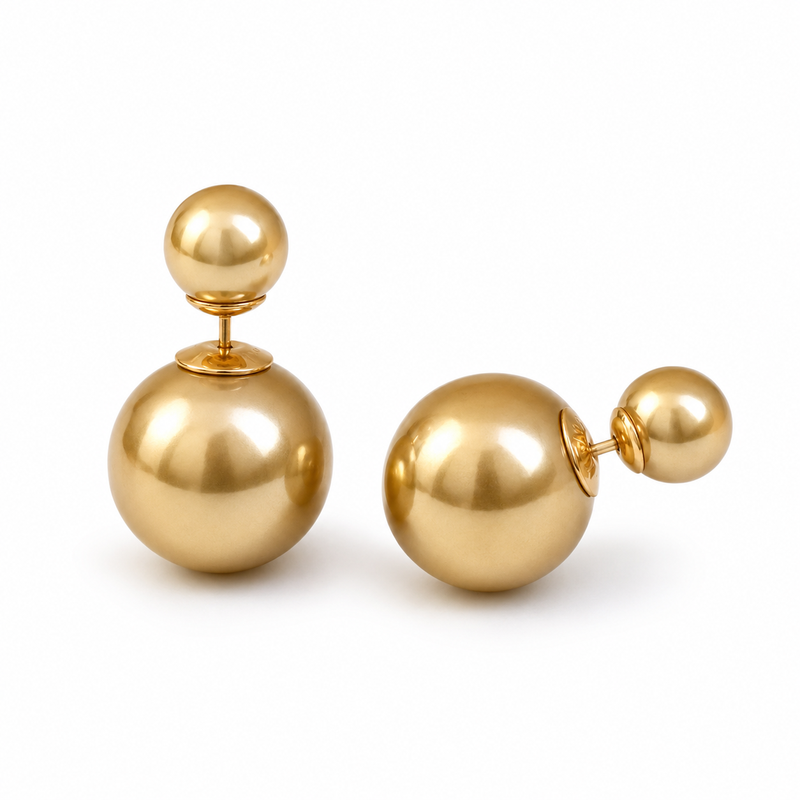 VoxorAI Gold Classic Double Pearl Earrings with Two Pearls on Both Sides, Light Luxury, High Fashion, Niche New Products 6mm and 14mm
