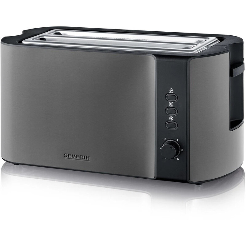 Severin Automatik-Langschlitztoaster, Toaster mit Brötchenaufsatz, hochwertiger Edelstahl Toaster mit großen Röstkammern und 1400 W Leistung, Auftau-Funktion, dark inox/schwarz, AT 9341