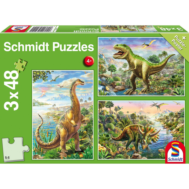 Schmidt® Spiele 56202 Kinderpuzzle Abenteuer mit den Dinosauriern 3x48 Teile ab 4 Jahre
