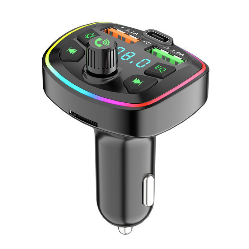 Oxerbog Bluetooth 5.0 Auto FM-zender, Muziekadapter voor autoradio, Bluetooth handsfree set voor auto met sigarettenaansteker, Dubbele USB & Type-C poorten, Ondersteunt SD-kaart en USB-stick