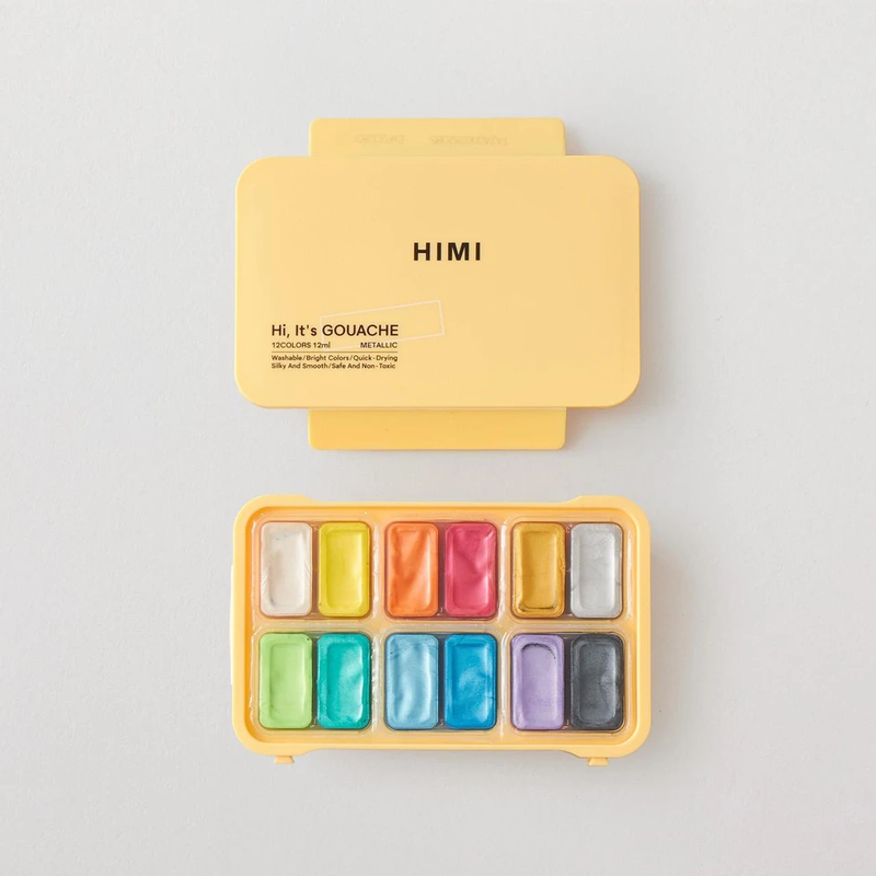 Himi Twin Cup Gouache Set - 12 Paint Colours (Yellow Case - Metallic Edition)