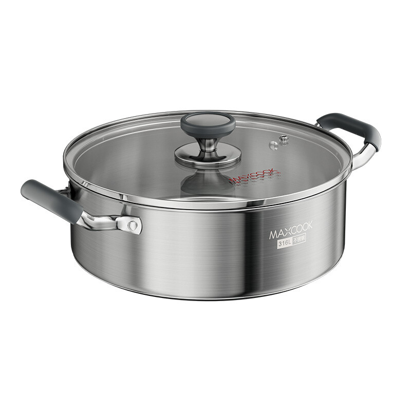 Maxcook 316L Stainless Steel Capsule Bottom Hot Pot 30Cm W/Glass Lid And Silicone Handls Mct8259