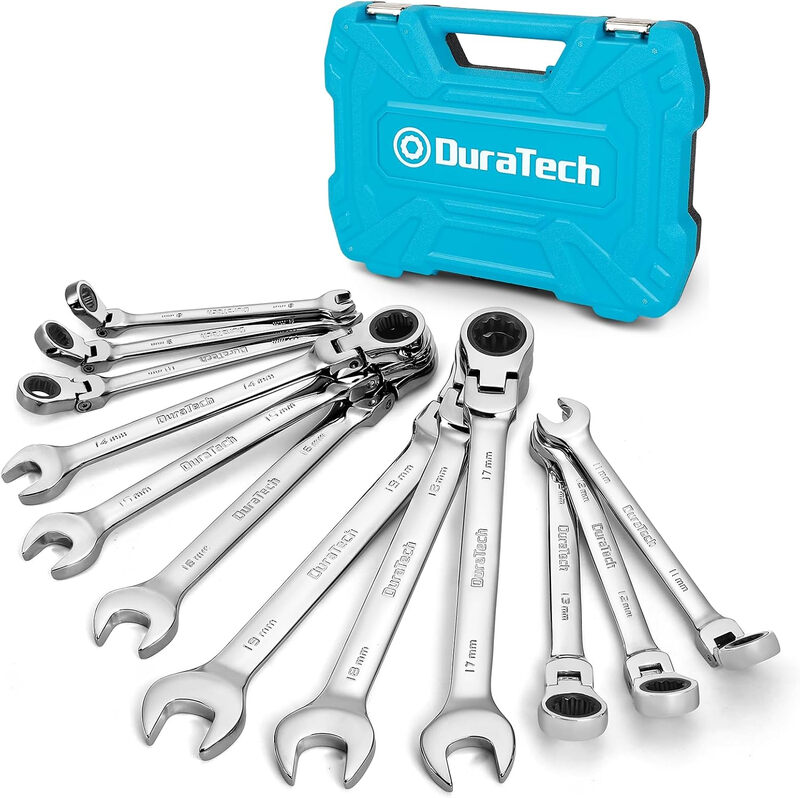 DURATECH 12-teiliges Flexkopf-Ratschen-Steckschlüssel-Set, 8-19 mm, Cr-V-Stahl | 180° Flexkopf-Design, 72-Zahn-Ratsche, Chrom-Vanadium-Stahl, 12-Punkt-Steckkopf, 5° Schwenkbereich, Metrische Größen, Aufbewahrungskoffer