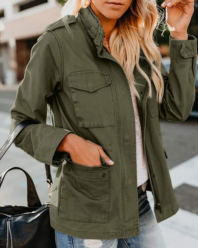 Women Military Anorak Jackets Zip Up Snap Buttons Parka Safari Utility Coats Outwear with Pocket (militarygreen, S)