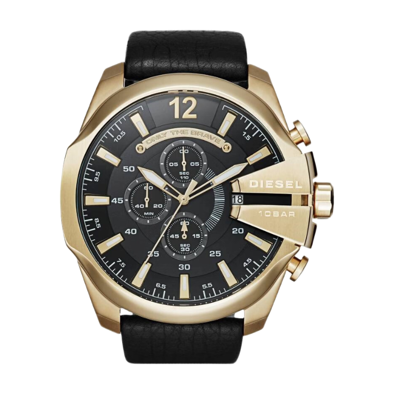 DZ4344 Gold Plated Mega Chief Chronograph Black Leather Strap Watch