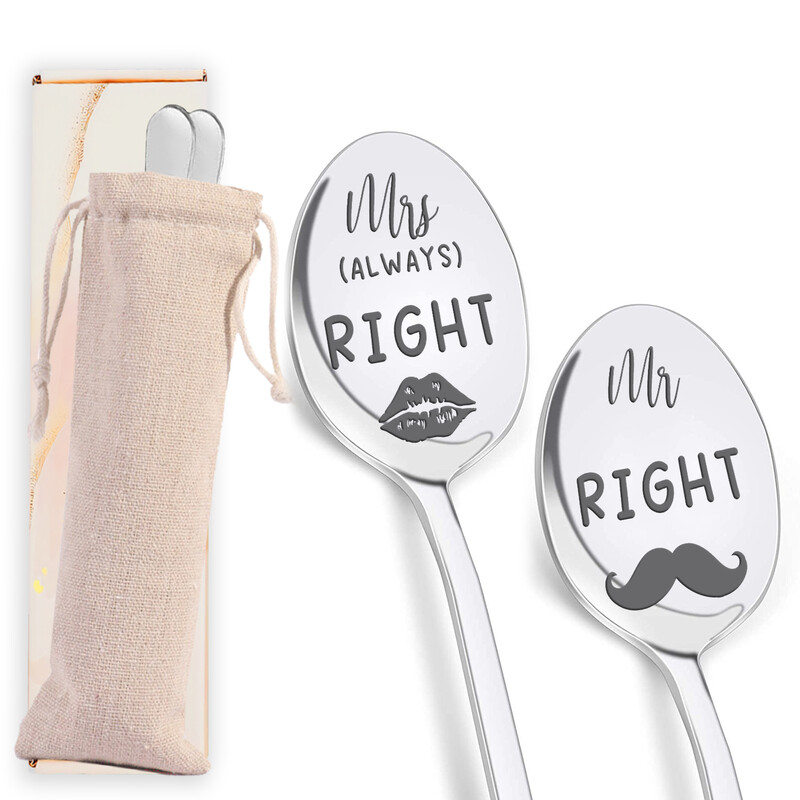 2PC Couple's Humor Gift Set, "Mr Right" and "Mrs Always Right" Engraved Spoons with G