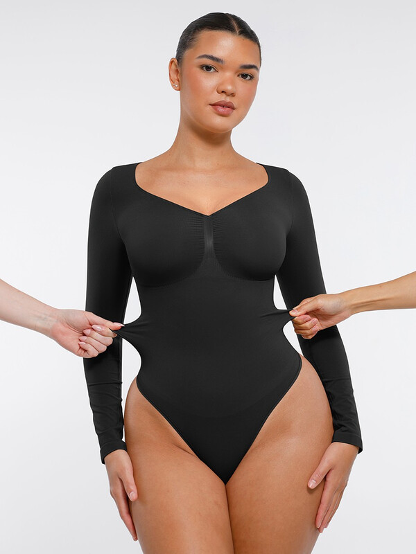 Feelingirl Seamless Long Sleeve Arm shaper Tummy Control Ruched Bust Thong Bodysuit for Women XS Black, Couple Gift Perfect Gift
